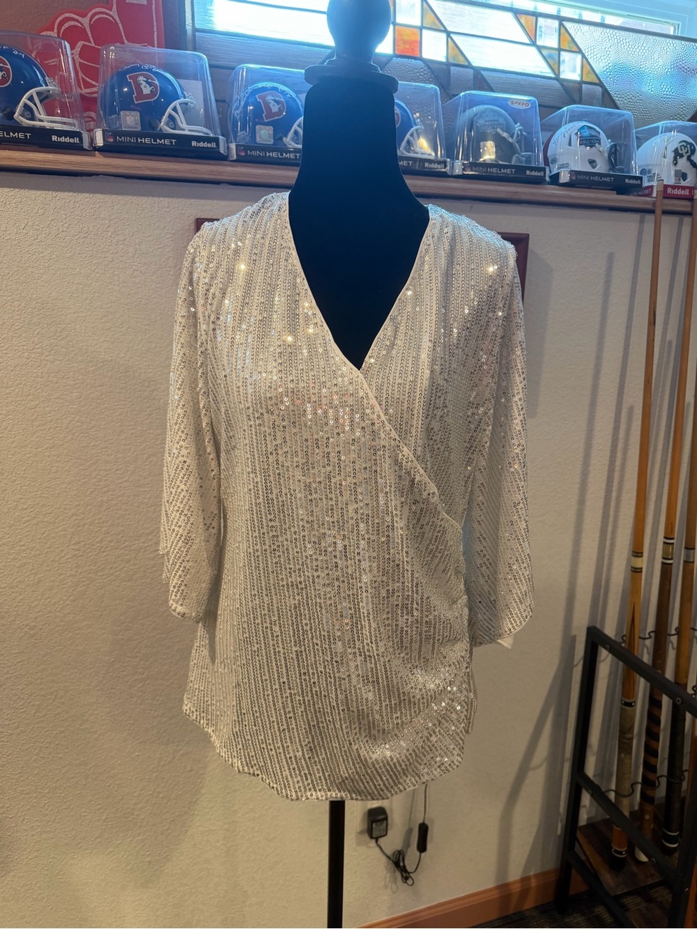 Grace Karin White Sequin Wrap V-Neck Blouse